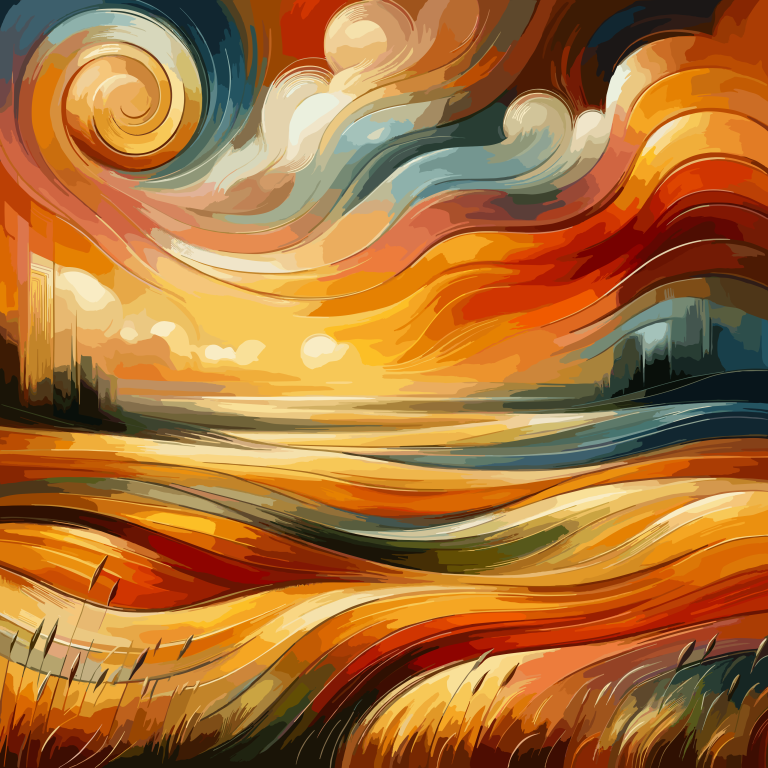 Abstract oil painting capturing the essence of a prairie at sunset, with vibrant swirls of oranges, yellows, and reds.