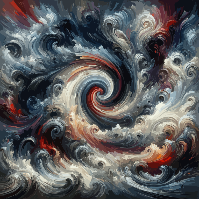 Abstract oil painting depicting the turmoil of anxiety through a chaotic mix of dark reds, blacks, and unsettling blues.